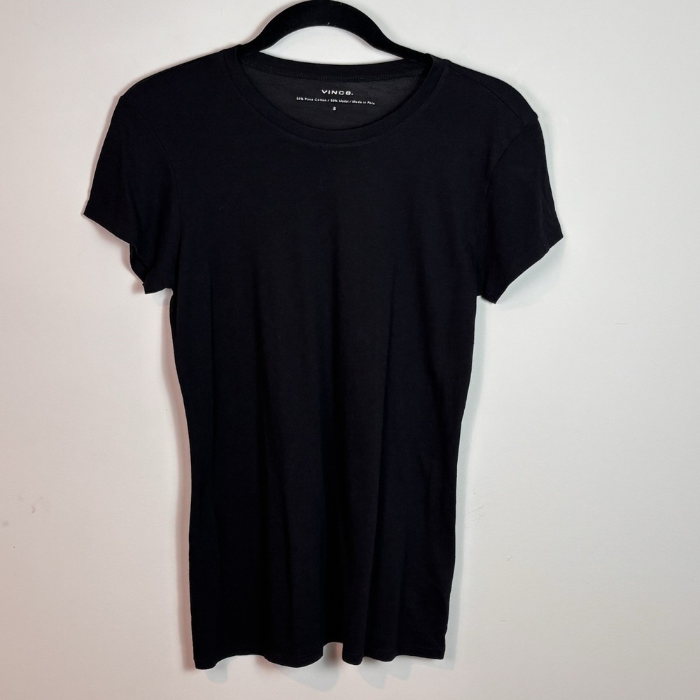 Vince Women's Black Crew Neck Cotton Modal Cap Sleeve Tee SZ Small Minimalist